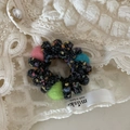 Detail of tweed phone cord hair tie with colorful wool felt balls on lace fabric - Black Colorful Dot Three Spheres Style