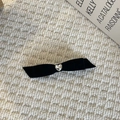 Vintage black velvet bow hair clip with silver heart metal accent and french style - Heart Mini Bow Hairpin