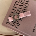 Barrette élégante en velours rose ornée de fleurs en strass gris sur un livre vintage - Rose