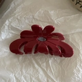 Detailed macro view of dark red flower hair claw with gold France Handmade lettering - 9# Red Wine Floral Claw Clip