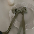 French style grass green satin bow hair clip with long ribbons on a white lace plate - Green Long Ribbon