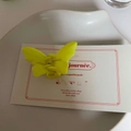 Détail d'une pince à cheveux papillon jaune mat avec ressort sur carte décorative - Pince Papillon Vert Jaune