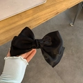 Large black satin bow hair clip with elegant silk texture for high ponytail styling - Black