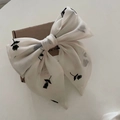 Off-white floral bow hair scrunchie with black tulip print on lightweight chiffon fabric - White Black Rose Bow Hair Clip (10#)