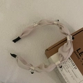 Elegant beige pleated fabric headband featuring pearl and rhinestone bow details - Cream White Narrow Style
