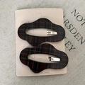 Set of two navy blue plaid hair clips for toddlers presented on a beige display card - 13# Red Black Tartan Style