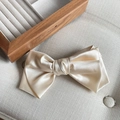Elegant champagne satin bow hair clip with multi-layered design on a woven texture background - Bow Spring Clip / Off White