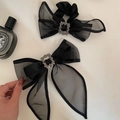 French style black mesh bow hair clip and elastic tie set with square rhinestones - Black Mesh Spring Clip