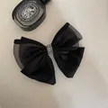 Elegant French style black mesh bow hair clip with luxury rhinestones and silk ribbons - Mesh Bow with Rhinestone Hair Clip / Black