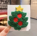 Plush Christmas tree hair clip with green wool, yellow star, and red pom-poms on card - Green Tree Red Berries BB Clip (30#)