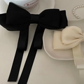 Large satin bow hair clip with long ribbons in black and beige, elegant French style accessory - Black