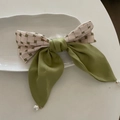 Pasador de pelo con lazo de estilo francés en cuadros verdes y blancos con perla - Pinza Pelo Lazo Cuadros Verde Blanco