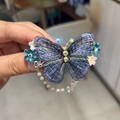 Squisita clip per capelli a farfalla con ricamo sfumato blu viola e nappe di perle - Blu