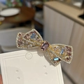 Detalle macro de un pasador de lazo con cristales coloridos y una piedra preciosa morada - Champán