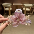 Pinza per capelli con fiore di organza rosa, perle di cristallo e fili d'oro - Rosa viola