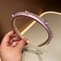 Detail of light pink satin wide headband with shimmering crystals and bow decoration - Pink