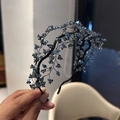 Elegant navy blue beaded crystal headband with handmade woven mesh and branch design - Navy Blue