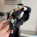 Cerchietto intrecciato in denim con stelle dorate e corda nera spessa stile coreano - Nero