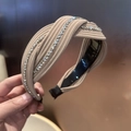 Elegant khaki cross-knot headband with rhinestones and textured fabric for women - Khaki