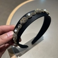 Vintage Baroque wide headband with gold relief ornaments, pearls and luxury rhinestones - Champagne