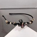 Serre-tête de luxe fait main avec perles de cristal noir et fleurs irisées - Petit Yuanbao Noir