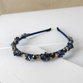 Serre-tête bleu marine avec grappes de cristaux scintillants et perles dorées élégantes - 4 Cristaux Bleu