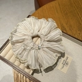 Detail of cream pleated fabric scrunchie with silk ribbon bow and sparkling gemstone - Beige Style A (AC4-109)