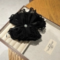 Elegant black pleated scrunchie with crystal center and ribbon bow in a wooden box - Black Style B (BC4-109)