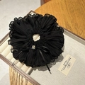 Close-up of black pleated hair scrunchie with ribbon bow and sparkling rhinestone detail - Black Style A (AC4-109)