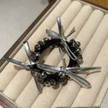 Elegant beaded hair tie featuring dark obsidian crystals and silver bow decorations - Silver