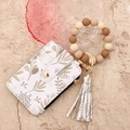 Close-up of floral leaf print card wallet with silicone beaded wristlet and gold hardware - Khaki Small Flower (2606)