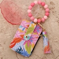 Detail of floral PU leather card holder with pink silicone bead wristlet and gold hook - Pink Series Leaf (2604)