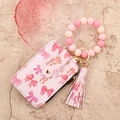 Pink bow print PU leather wallet with silicone bead wristlet and elegant tassel keychain - Light Pink Bowknot (2601)