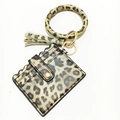 Detailaufnahme von Leopard-PU-Leder-Kartenhalter mit goldenem Ring und Quastenanhänger - Gelber Leopard