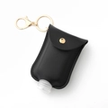 Portable black leather hand sanitizer bottle holder with gold keychain and metal snap button - Black
