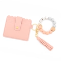 Pink silicone bead bracelet keychain with PU tassel and leather card holder wallet - Pink Style (1)