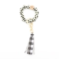 Portachiavi bracciale con perline di legno scozzesi nappine in pelle PU e ciondolo a occhio - Scacchi Bianco Nero
