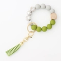 Silicone and wood bead keychain wristlet with green tassel and gold clasp - Olive Green