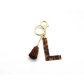 Leopard print resin letter L keychain with brown tassel and golden metal hardware clasp - Letter L(L)
