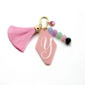 Pink acrylic diamond keychain with letter Y, colorful beads and a silk tassel pendant - Letter Y