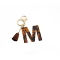 Leopard print acrylic letter M keychain with dark brown suede tassel and gold hardware - Letter M(M)