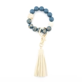 Portachiavi a bracciale con perline blu navy e nappa in pelle PU bianco avorio - Blu Bohemienne