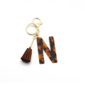 Leopard print pattern acrylic letter N keychain with brown tassel and gold hardware - Letter N(N)