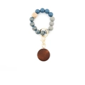 Beaded wristlet keychain with blue and grey beads, wooden charm, and golden metal clasp - Morandi Blue Gray