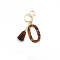 Leopard print acrylic O-ring keychain with brown suede tassel and gold lobster clasp - Letter O(O)