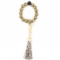 Leopard print beaded keychain bracelet with golden metal ring and black tassel - Classic Leopard