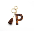 Tortoiseshell acrylic letter P keychain with brown suede tassel and gold lobster clasp - Letter P(P)