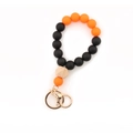 Halloween silicone bead keychain bracelet with orange and black beads and wooden ring - Orange