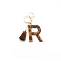 Leopard print PU leather keychain with tortoise shell letter R and brown suede tassel - Letter R(R)