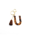 Leopard print acrylic letter U keychain with dark brown tassel and golden clasp - Letter U(U)
